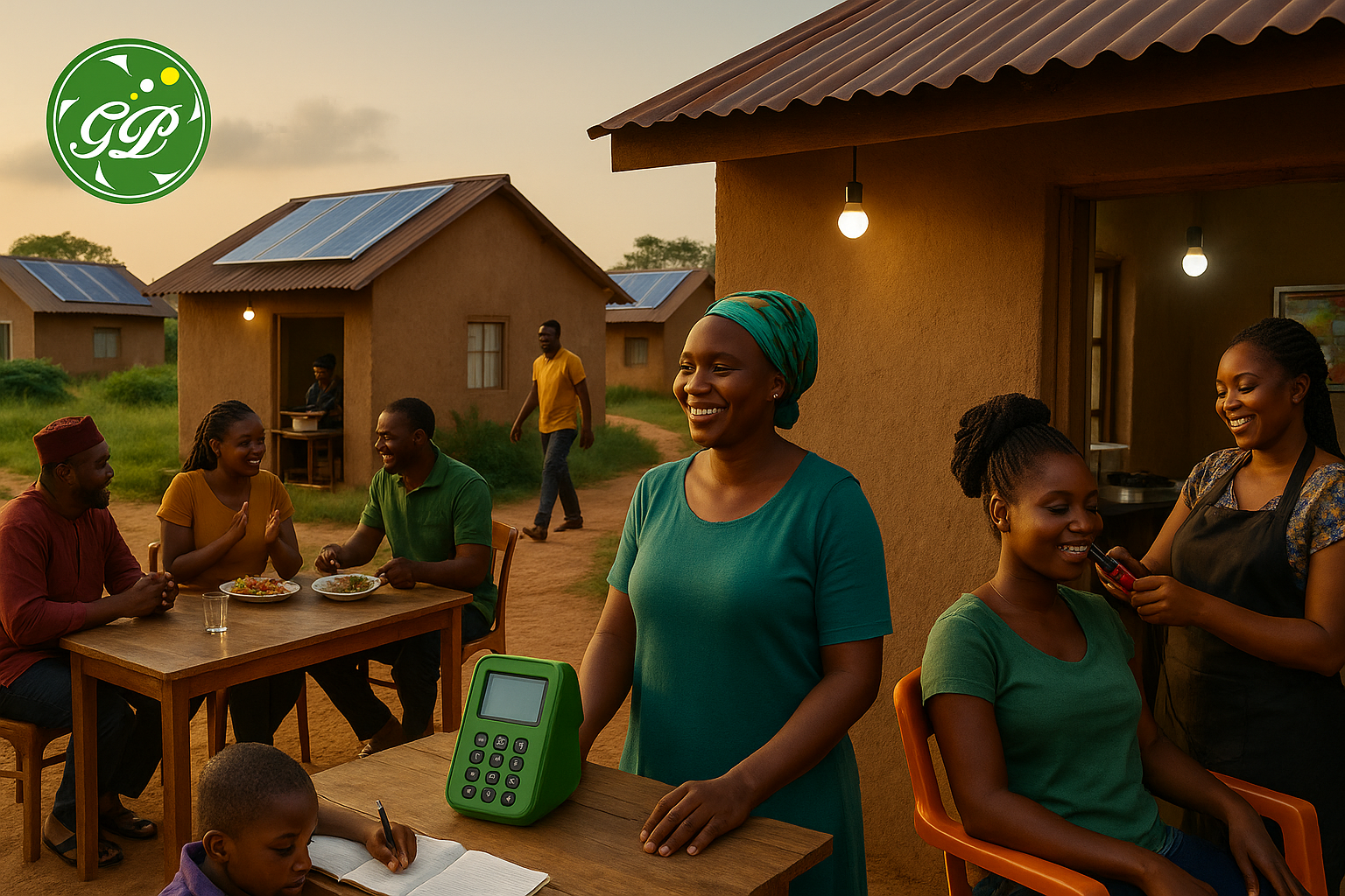 A vibrant rural Nigerian community scene at sunset showcasing GreenPower's Pay-As-You-Go Solar Home Systems in action. Solar panels are visible on rooftops of modest homes. A smiling woman stands beside a green solar payment device. In the foreground, a young boy writes in a notebook. Nearby, people enjoy a meal outdoors and a stylist works in a solar-powered salon, illustrating access to clean, reliable, and affordable energy. The GreenPower logo is displayed in the top left corner.